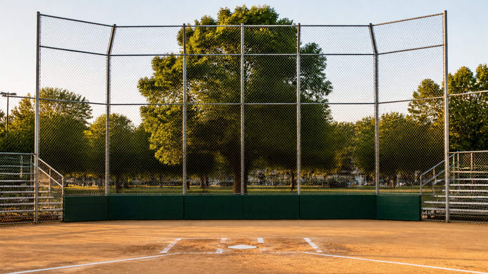 Echter Softball-Backstop direkt hinter Homeplate mit Netz, Pfosten und grünem Schutzbereich
